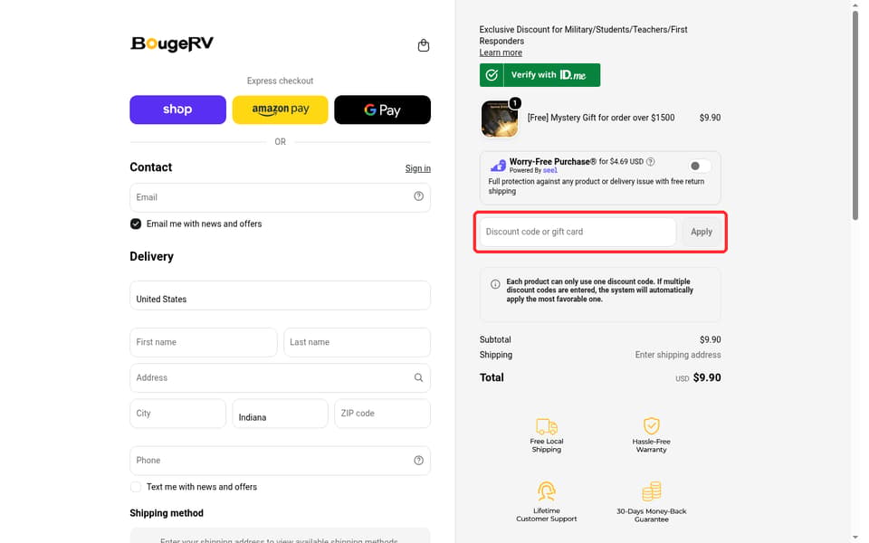 BougeRV checkout page showing the Discount code or gift card field and Apply button