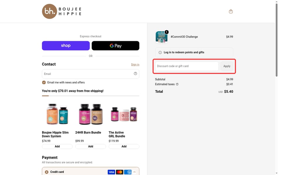 Boujee Hippie checkout page showing the Discount code or gift card field and Apply button