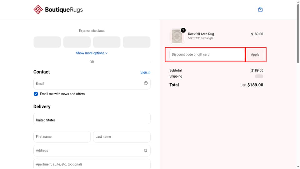 Boutique Rugs checkout page showing the Discount code or gift card field and Apply button