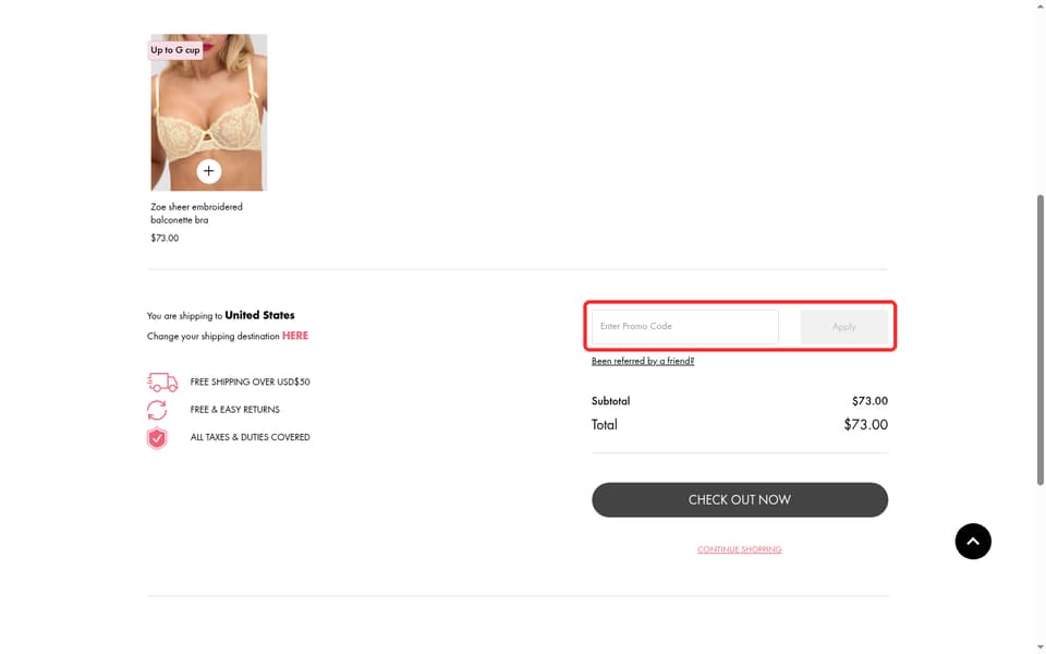 Boux Avenue checkout page showing the Enter Promo Code field and Apply button