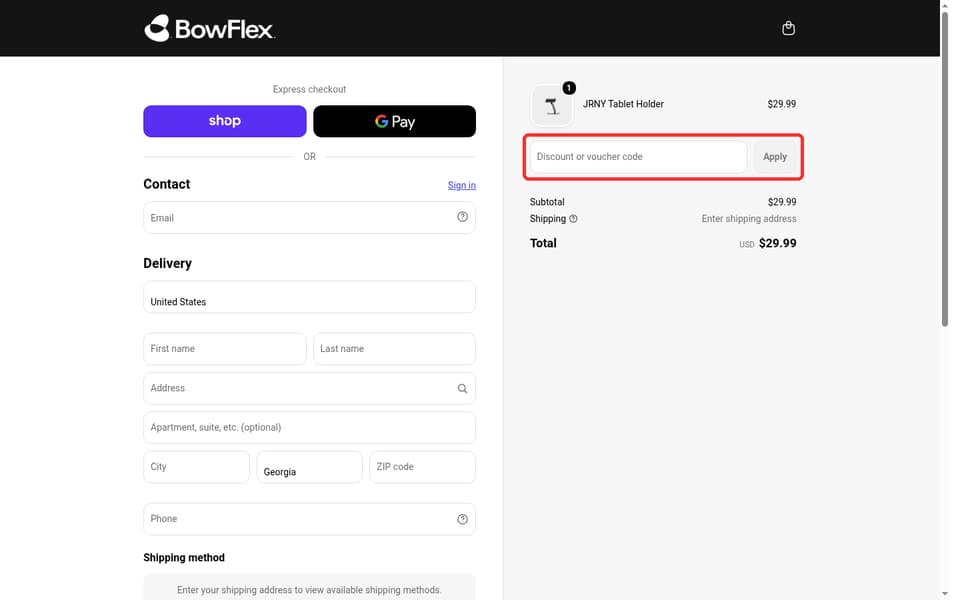 Bowflex checkout page showing the Discount or voucher code field and Apply button