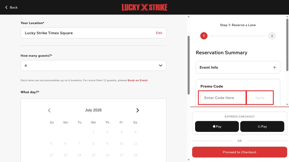 Bowlero checkout page showing the Enter Code Here field and Apply button