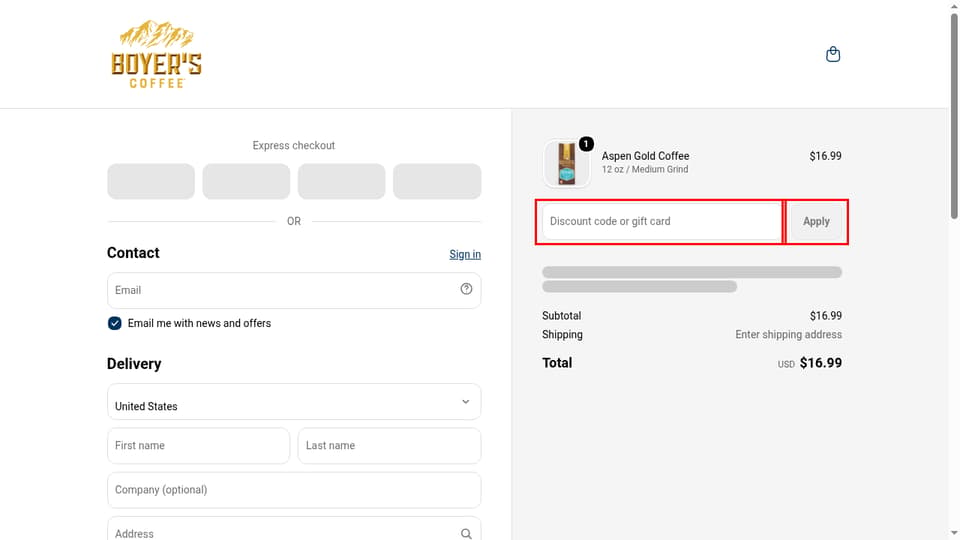 Boyer's Coffee checkout page showing the Discount code or gift card field and Apply button