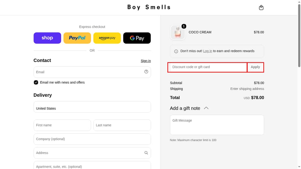 Boy Smells checkout page showing the Discount code or gift card field and Apply button