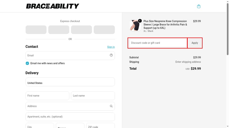 BraceAbility checkout page showing the Discount code or gift card field and Apply button