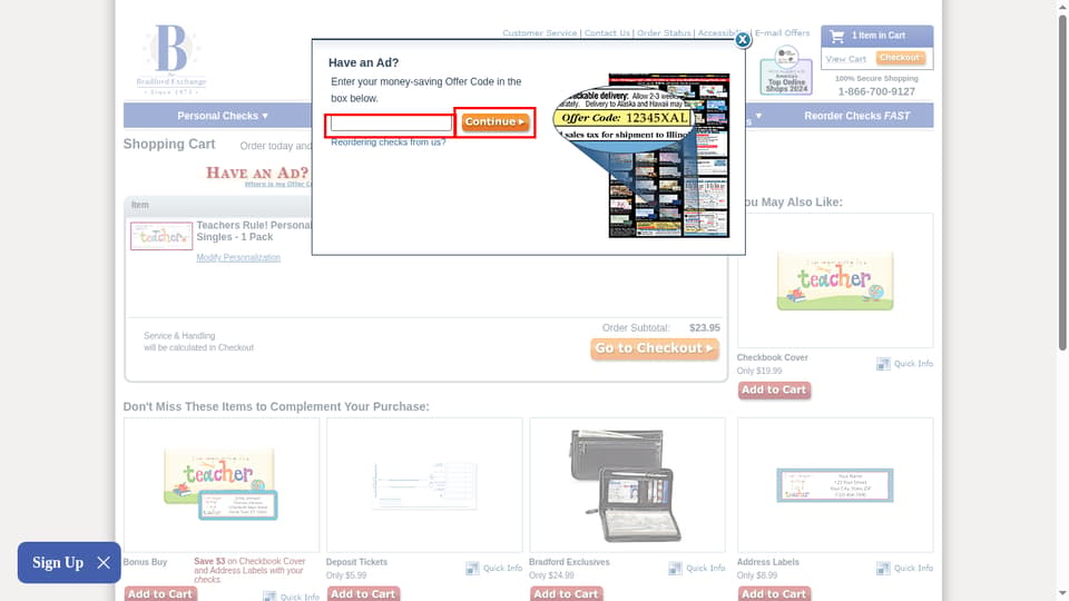 Bradford Exchange Checks checkout page showing the promo code field and Continue button