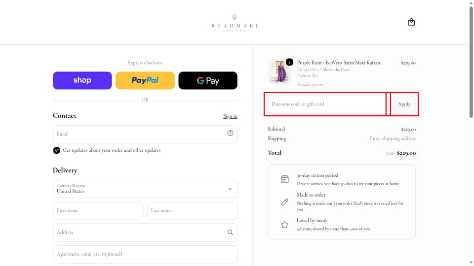 Brahmaki checkout page showing the Discount code or gift card field and Apply button