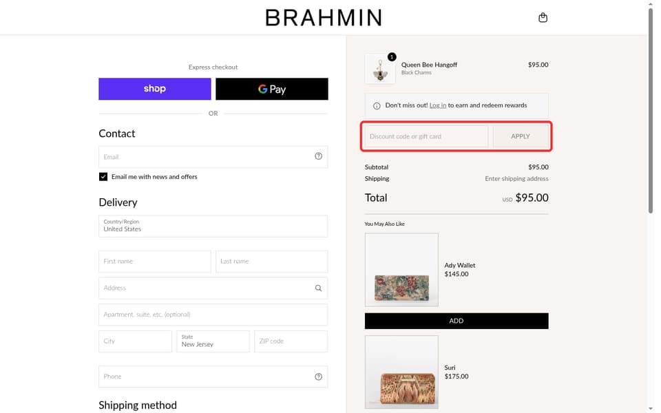 Brahmin checkout page showing the Discount code or gift card field and Apply button