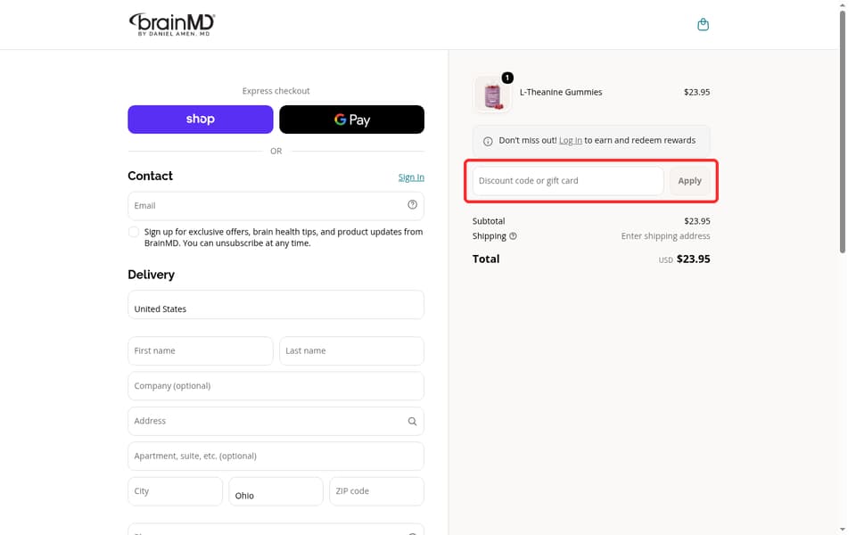 BrainMD Health checkout page showing the Discount code or gift card field and Apply button