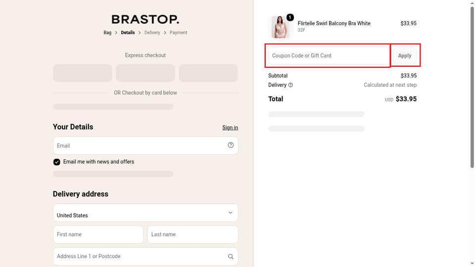 Brastop checkout page showing the Coupon Code or Gift Card field and Apply button