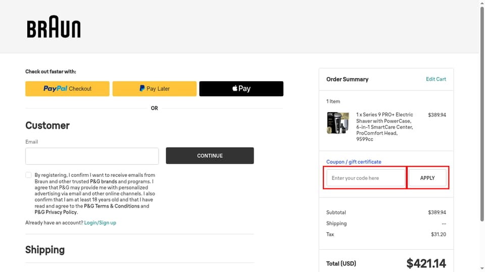 Braun checkout page showing the Enter your code here field and APPLY button