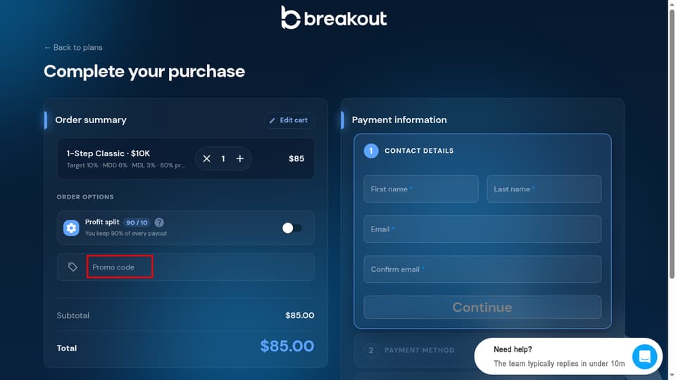 Breakout checkout page showing the Promo code field and Apply button