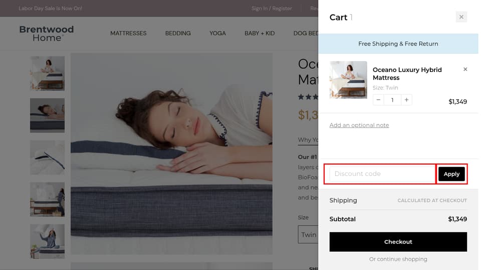 Brentwood Home checkout page showing the Discount code field and Apply button