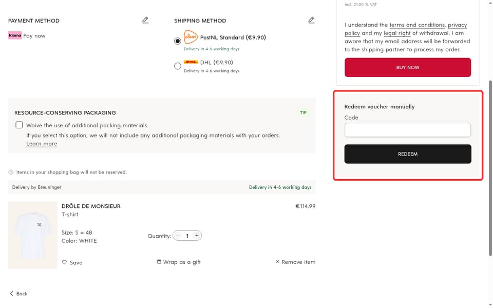 Breuninger checkout page showing the Code field and REDEEM button