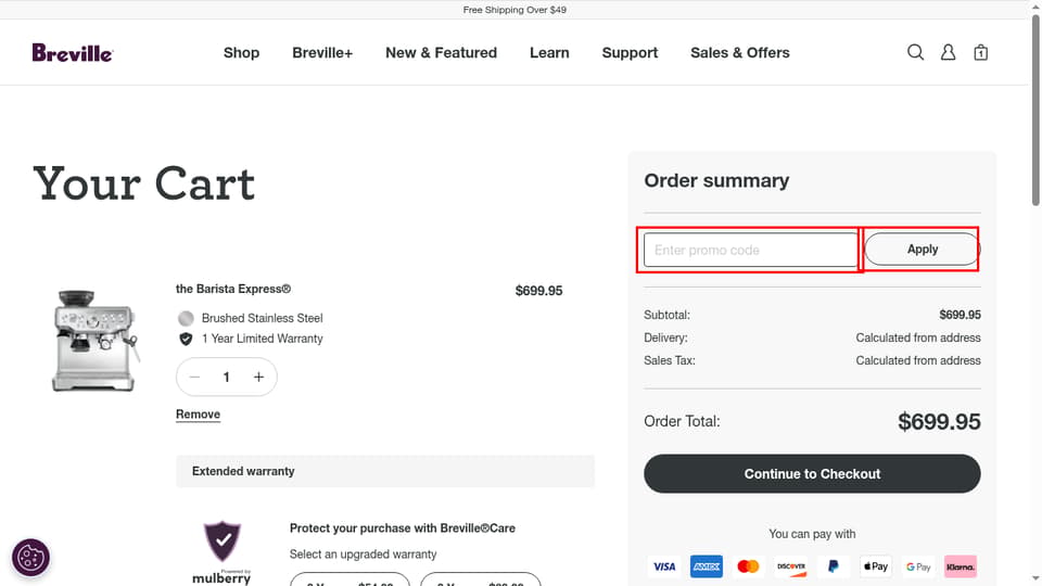 Breville checkout page showing the Enter promo code field and Apply button