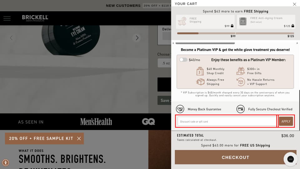 Brickell Men's Products checkout page showing the Discount code or gift card field and APPLY button