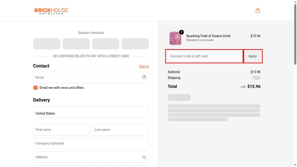 BrickHouse Nutrition checkout page showing the Discount code or gift card field and Apply button