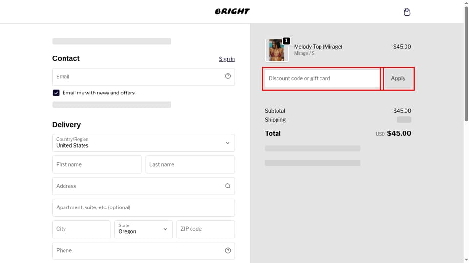 Bright Swimwear checkout page showing the Discount code or gift card field and Apply button
