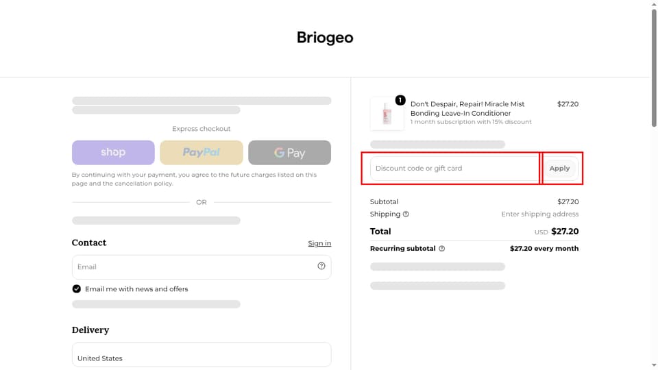 Briogeo checkout page showing the Discount code or gift card field and Apply button