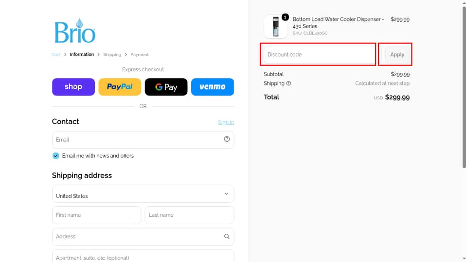 Brio Water checkout page showing the Discount code field and Apply button
