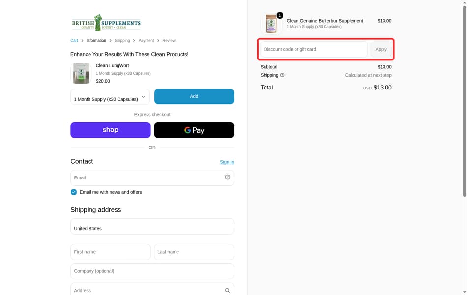 British Supplements checkout page showing the Discount code or gift card field and Apply button