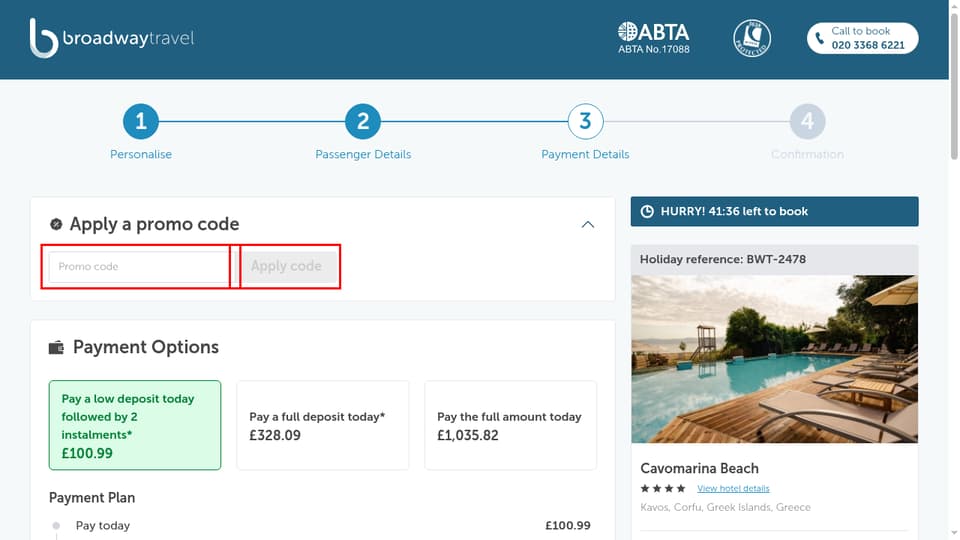 Broadway Travel checkout page showing the Promo code field and Apply code button