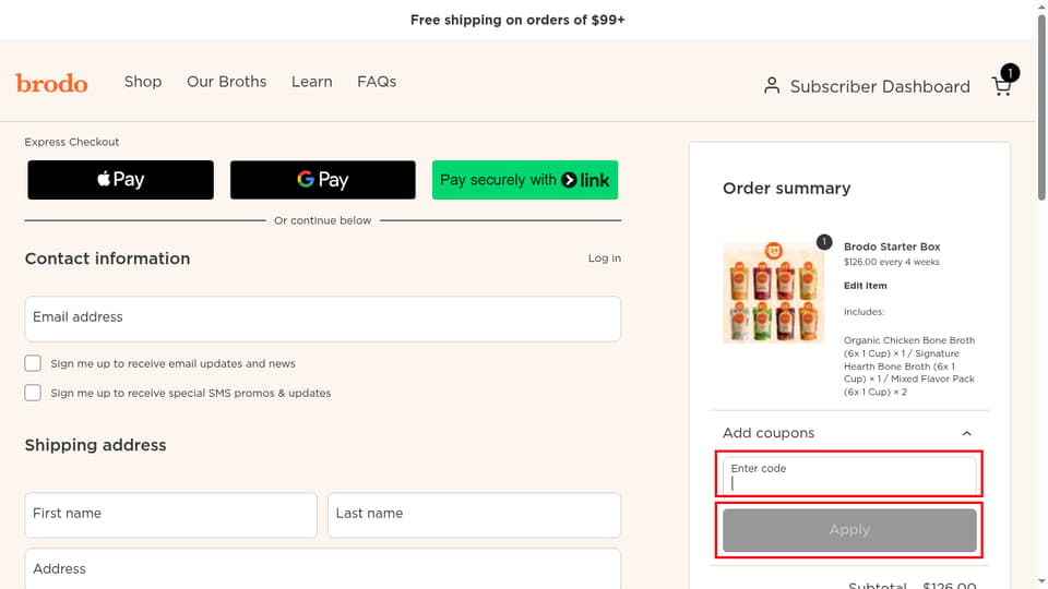 Brodo checkout page showing the Enter code field and Apply button