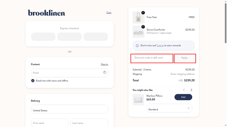Brooklinen checkout page showing the Discount code or gift card field and Apply button