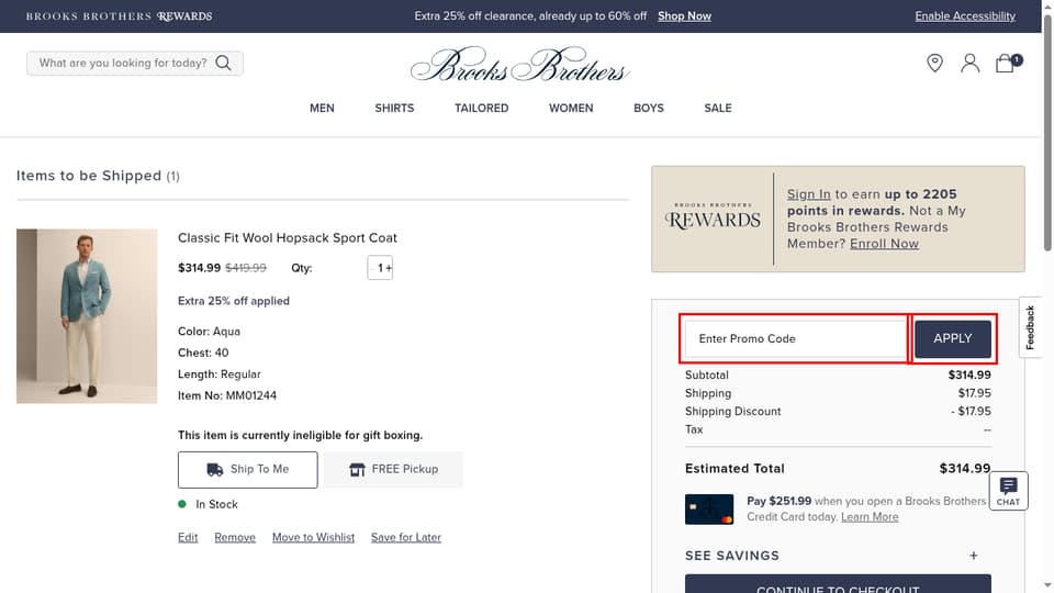 Brooks Brothers checkout page showing the Enter Promo Code field and APPLY button