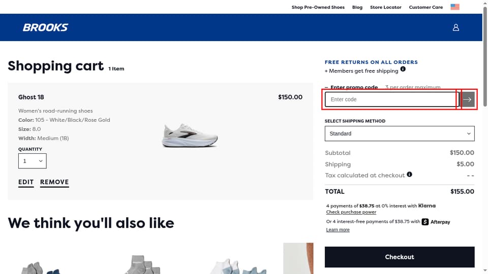 Brooks Running checkout page showing the Enter code field and Submit button