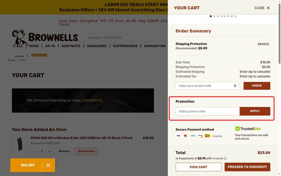 Brownells checkout page showing the Add a promo code field and Apply button