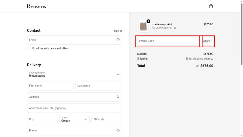 Browns checkout page showing the Promo Code field and Apply button