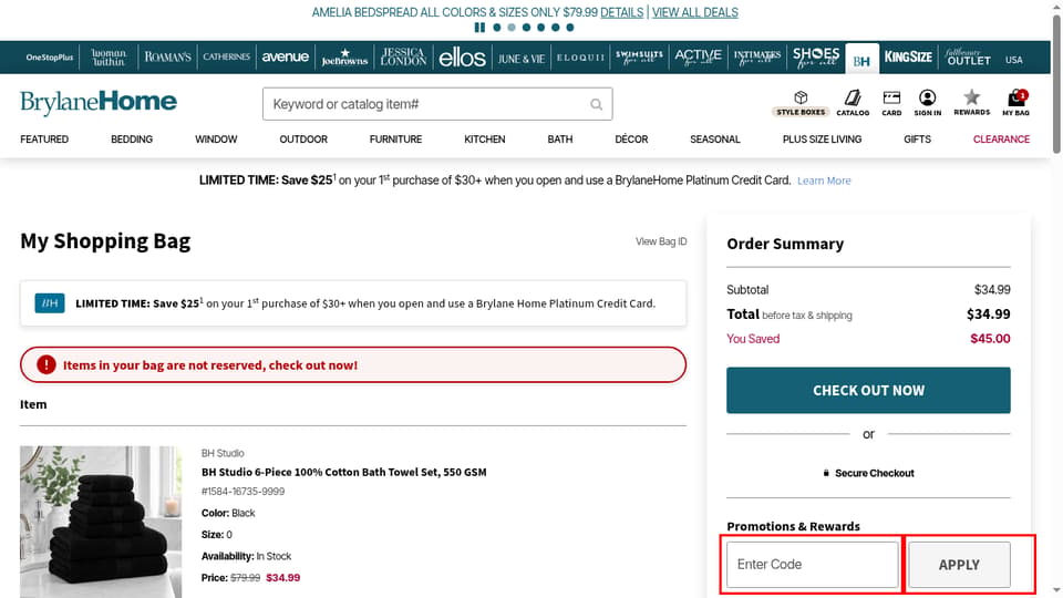 BrylaneHome checkout page showing the Enter Code field and APPLY button