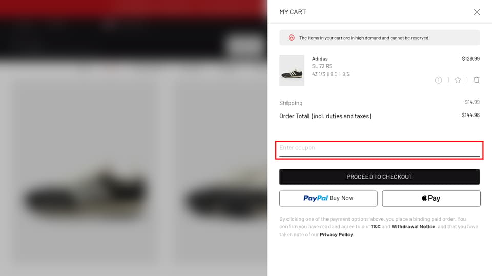 BSTN checkout page showing the Enter coupon field and Apply button