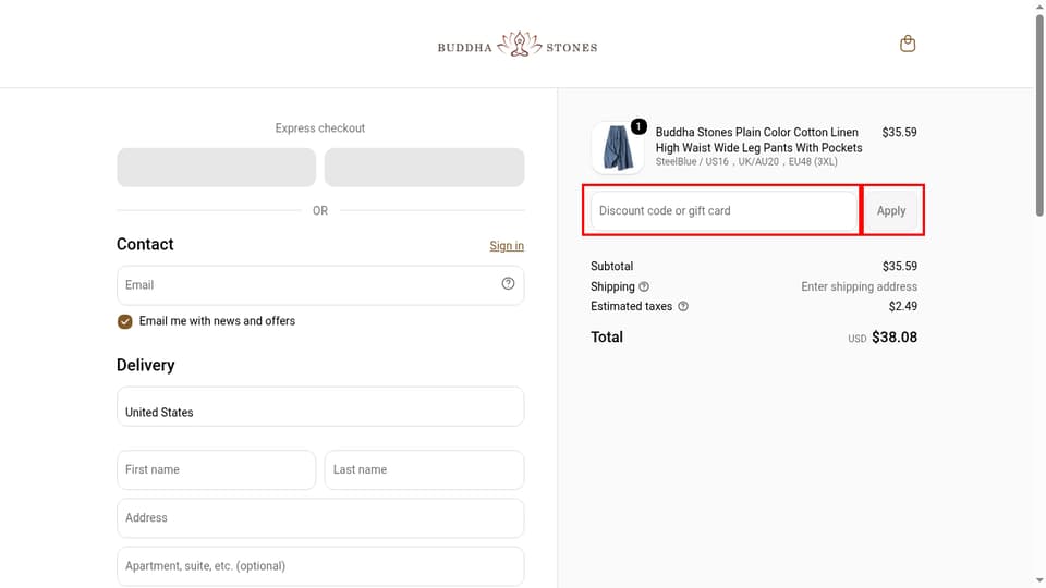 Buddha Stones checkout page showing the Discount code or gift card field and Apply button