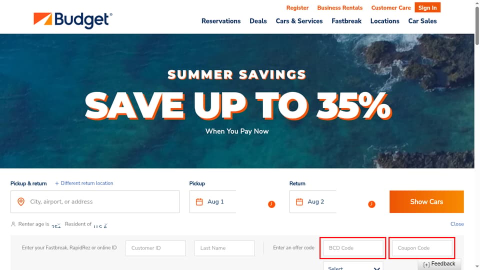 Budget Car Rental checkout page showing the BCD Code field and Show Cars button