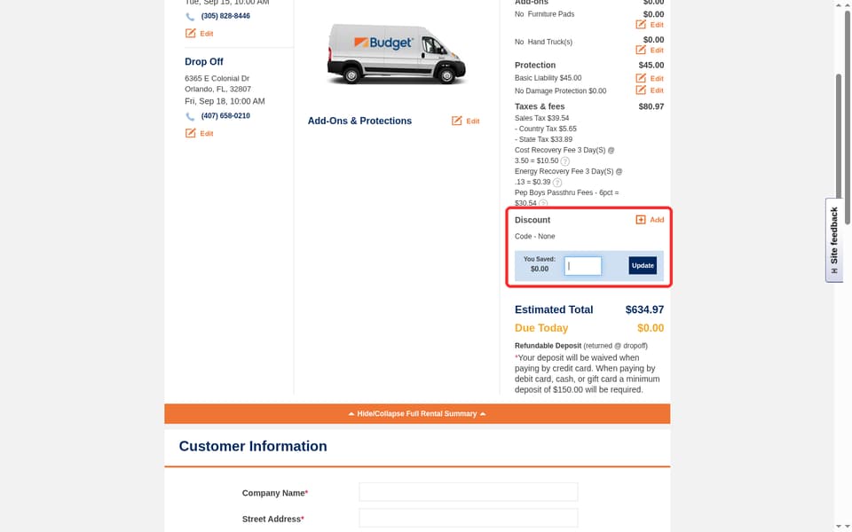 Budget Truck Rental checkout page showing the txtPaymentCouponCode field and Update button
