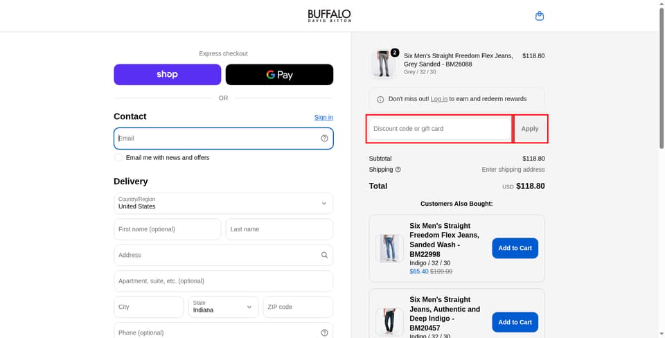 Buffalo Jeans checkout page showing the 