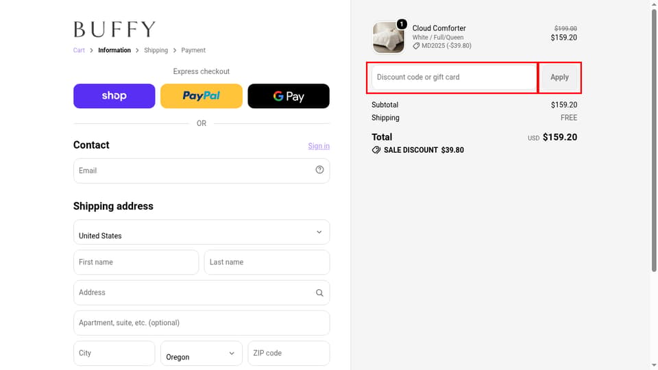 Buffy checkout page showing the Discount code or gift card field and Apply button
