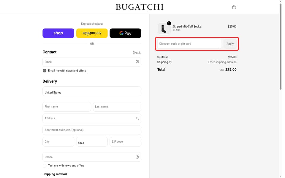 BUGATCHI checkout page showing the Discount code or gift card field and Apply button