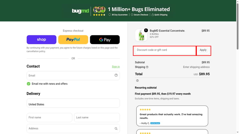 BugMD checkout page showing the Discount code or gift card field and Apply button