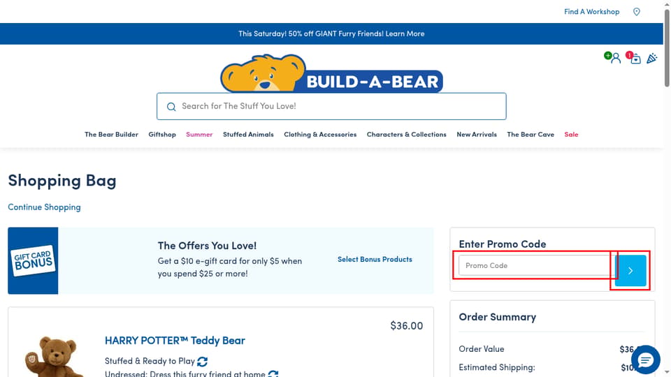 Build-A-Bear checkout page showing the Promo Code field and Apply button