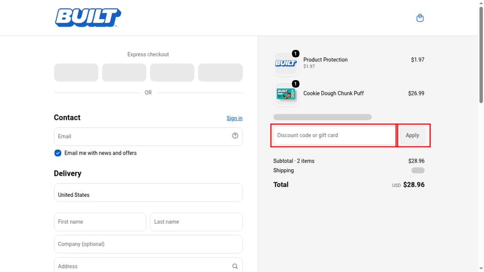 BUILT checkout page showing the Discount code or gift card field and Apply button