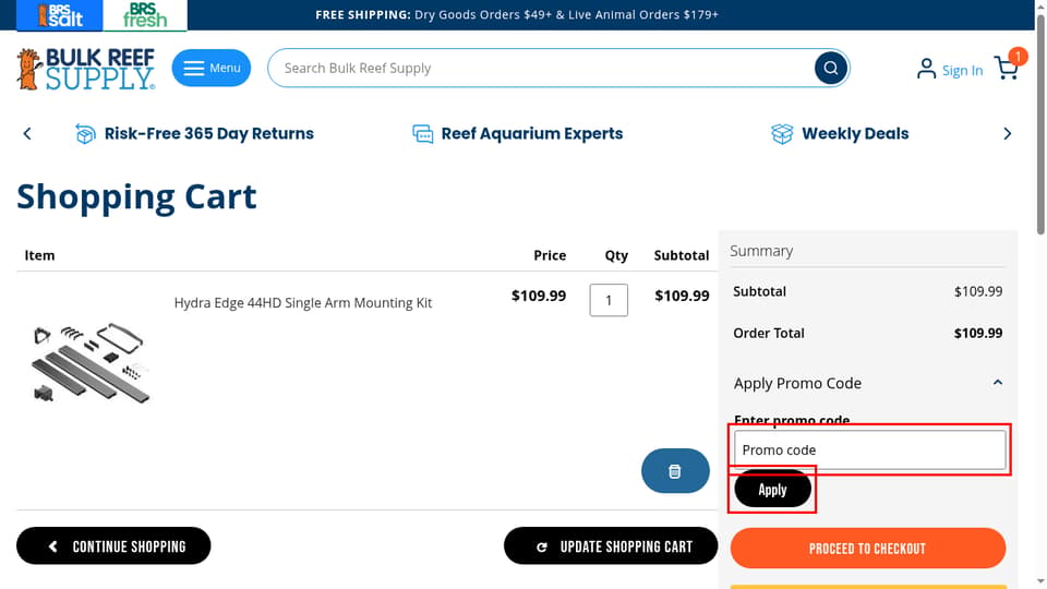 Bulk Reef Supply checkout page showing the Promo code field and Apply button