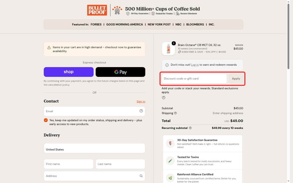 Bulletproof checkout page showing the Discount code or gift card field and Apply button