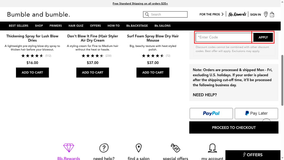 Bumble and Bumble checkout page showing the *Enter Code field and APPLY button