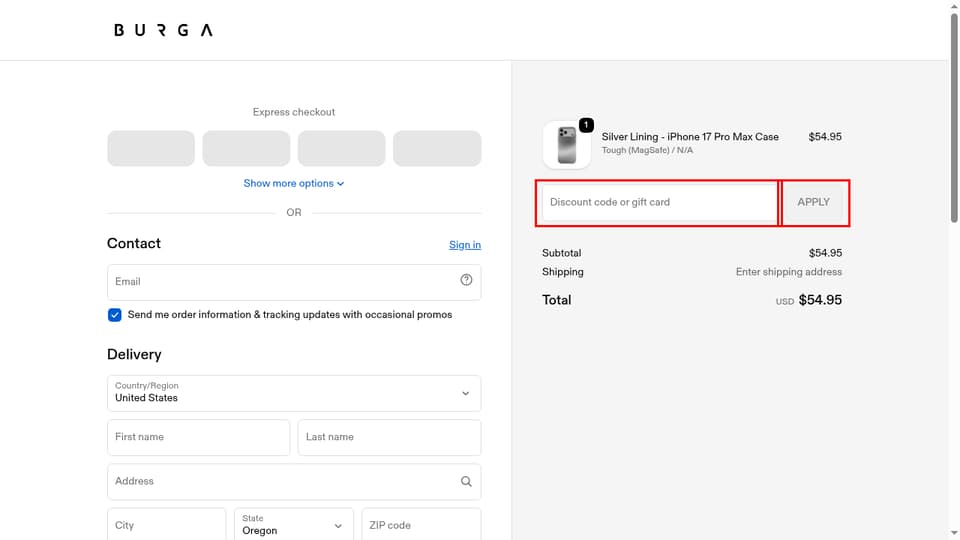 BURGA checkout page showing the Discount code or gift card field and APPLY button