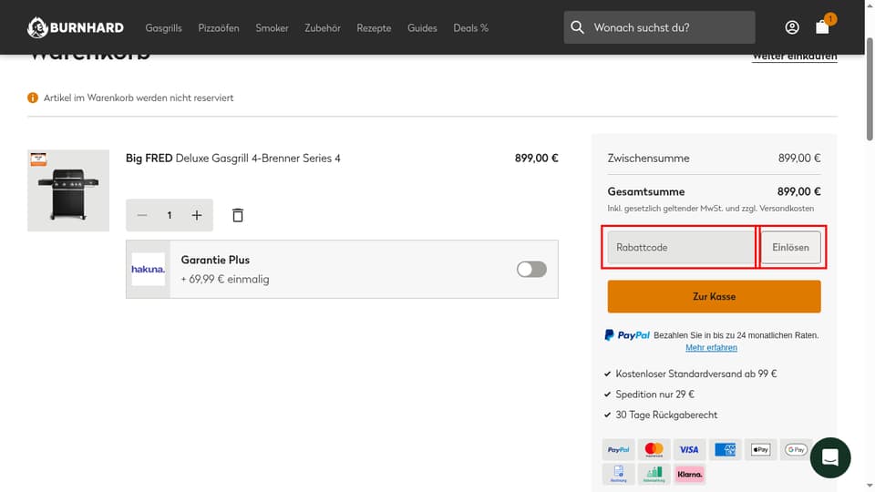 BURNHARD checkout page showing the Rabattcode field and Einlösen button