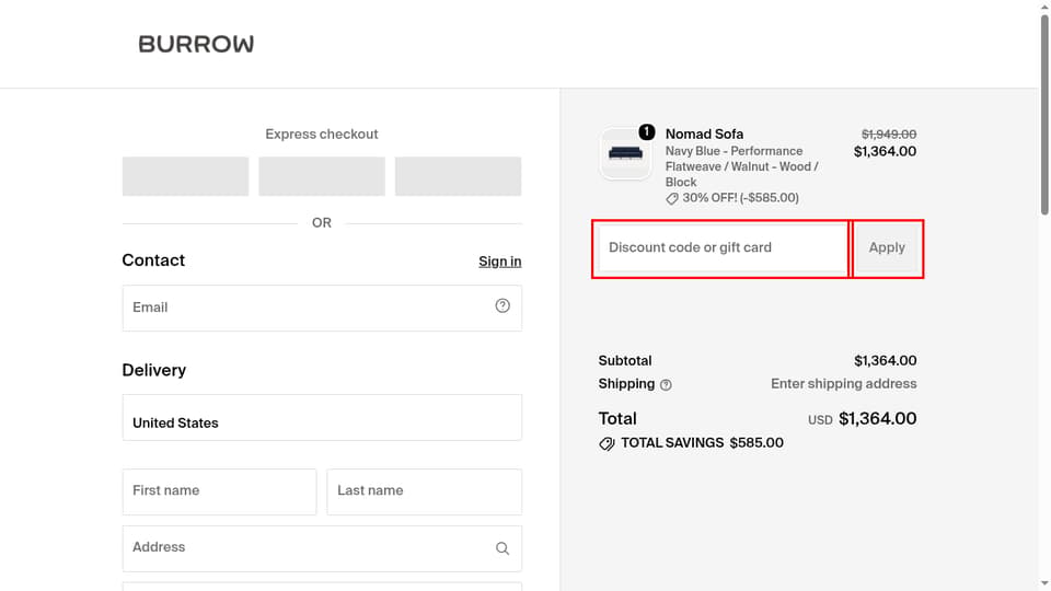 Burrow checkout page showing the Discount code or gift card field and Apply button