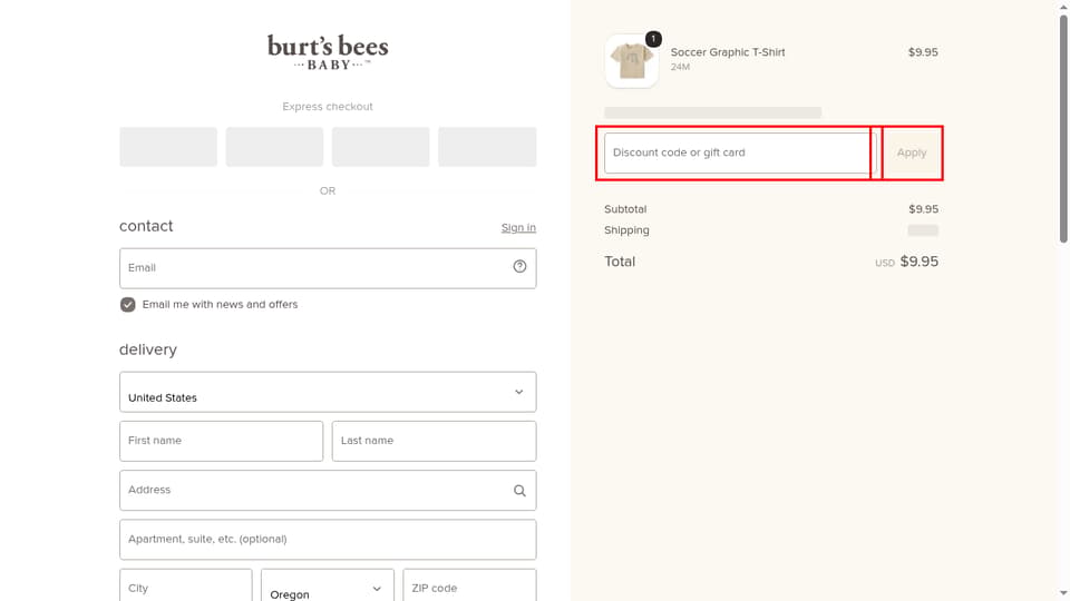 Burt's Bees Baby checkout page showing the Discount code or gift card field and Apply button